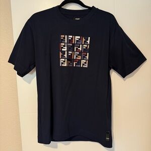 FENDI Men’s Exclusive Chinese Holiday Embroidered Navy Logo T-Shirt Small